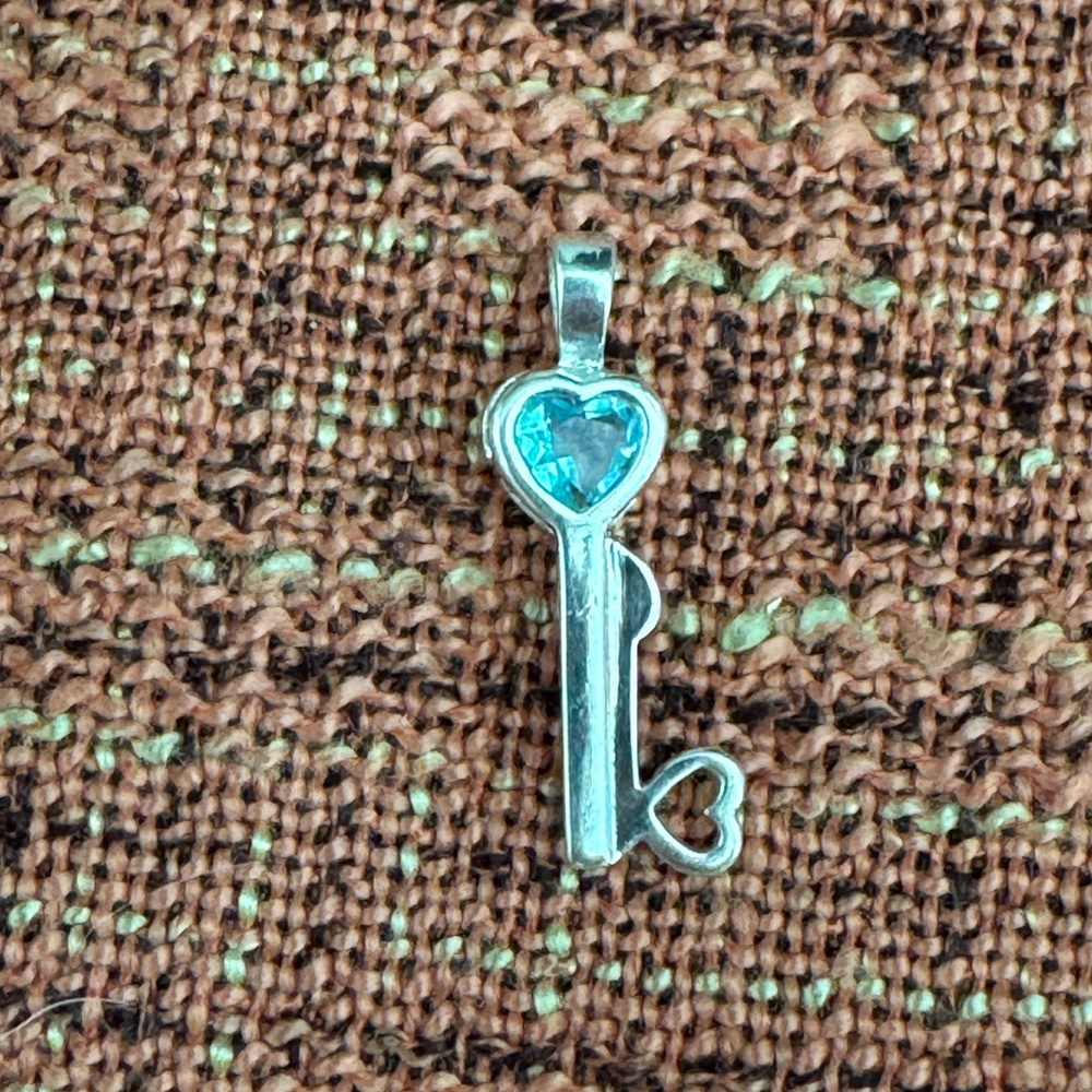 Sterling Silver and Aquamarine Heart Key Charm Pendant